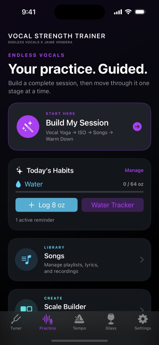 Vocal Strength Trainer guided practice screen on iPhone